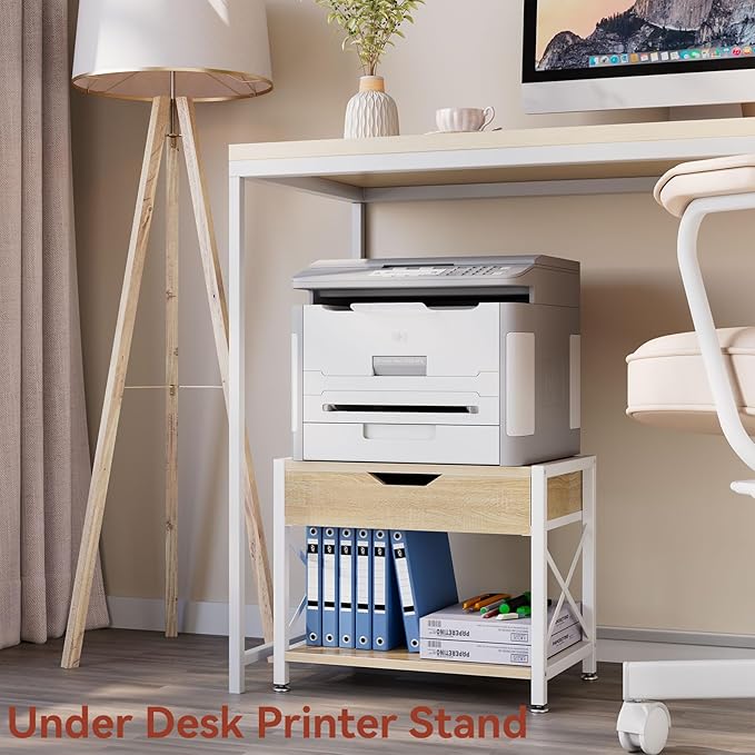 IBUYKE 2 Tier Desktop Printer Stand,Multi-Purpose Desk Organizer,Wooden Printer Stand with Drawer Storage for Folders,Books,for Fax Machine, Scanner,Home Office,Light Wood TLJ012R