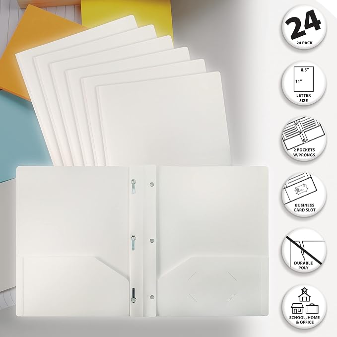 Better Office Products White Plastic 2 Pocket Folders with Prongs, 24 Pack, Heavyweight, Letter Size Poly Folders with 3 Metal Prongs Fastener Clips, White