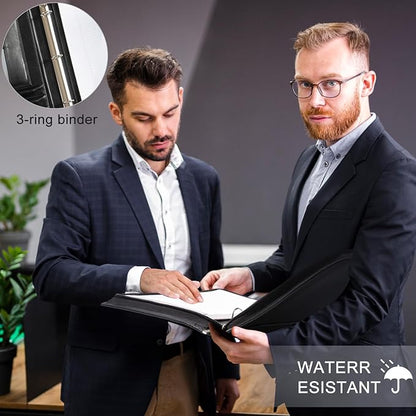 AZXCG Padfolio for Men, 3 Ring Binder Portfolio Folder Vegans Leather, Personalized Padfolio with A4 Notepad Holder, Business Legal Pad Document Organizer, Handmade Zipper Binder Padfolio, Black