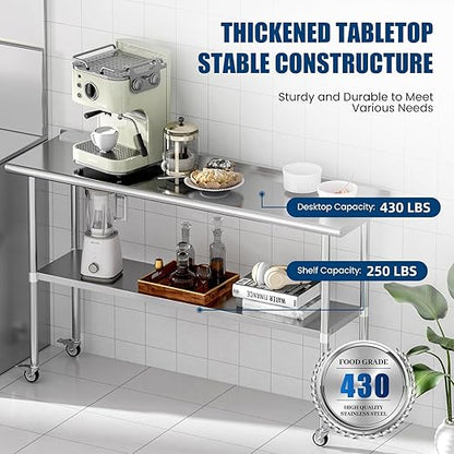 Stainless Steel Table with Wheels 18 x 60 Inches Metal Prep Table with Backsplash & Caster, Adjustable Undershelf for Commercial Kitchen, Outdoor, Restaurant, Hotel & Garage