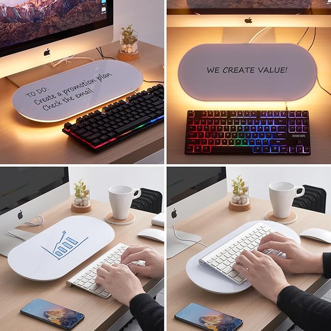 TSJ OFFICE Glass Desktop Whiteboard - 17 X 7 Inches Small Dry Erase Board with Warm White Light, Glass White Board Surface Notepad with 1 Drawer, Desk Organizers for Office, Home, School Supplies