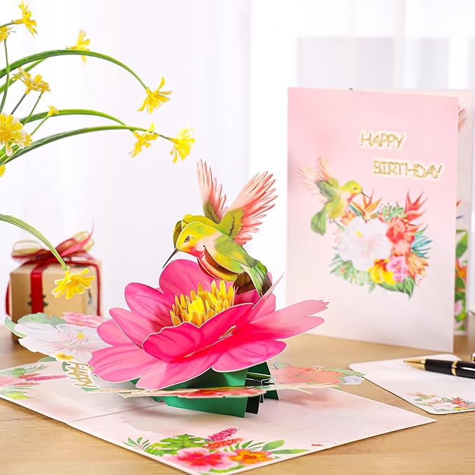 Hummingbird Pop Up Birthday Cards for Women, Beautiful Hummingbird on Flowers, Elegant, Floral 3D Happy Birthday Greeting Cards, Ideal Gift for Mom, Sister, Her, Grandma, Aunt, Daughter, Stepmother