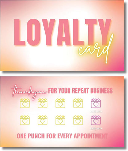 Beauty Business Loyalty Card, 10-Punch Reward System, Business Card size, 55 cards, full color high gloss front and back, UV coated, Modern design, create your own reward (Yellow and Coral)