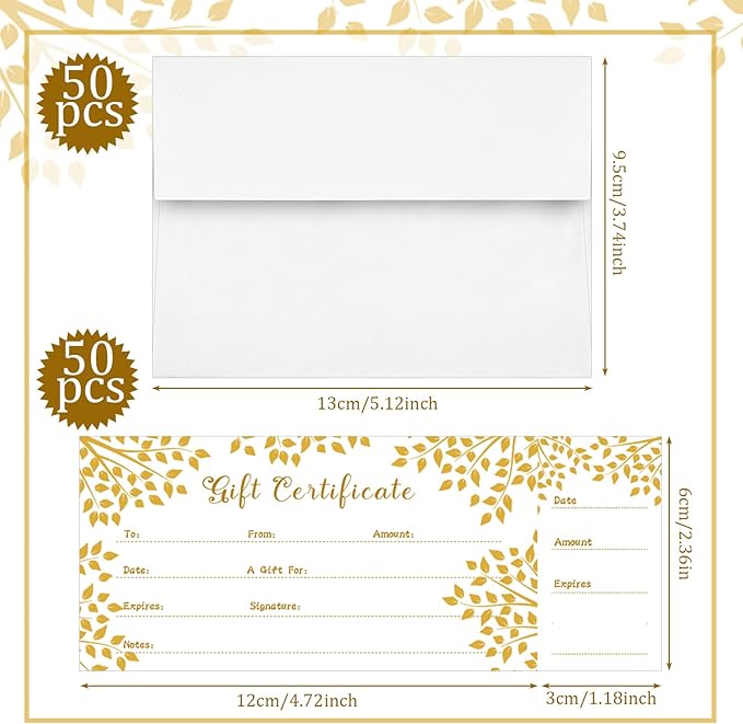 Sinmoe 50 Sets Gift Certificate for Business with 50 Pcs Envelopes Blank Gift Certificate Cards with Name and Address Rustic for Beauty Salon Restaurants Birthday(4.72 x 2.36 Inch, Branch Style)