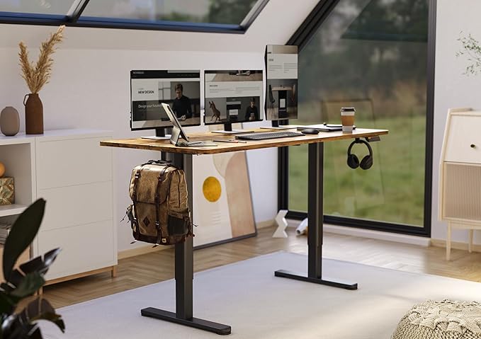 Electric Standing Desk, Adjustable Height Stand up Desk, 55x24 Inches Sit Stand Home Office Desk with Splice Board, Black Frame/Rustic Brown Top