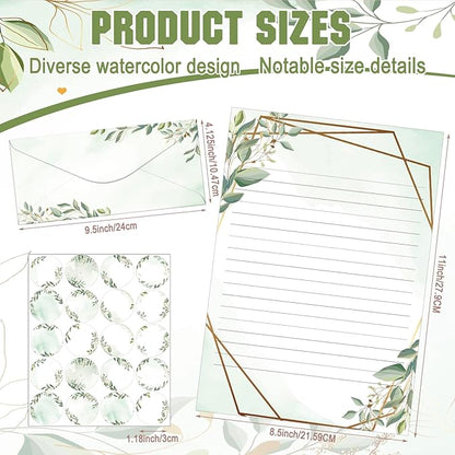 TaoBary 160 Packs Stationery Paper Set (50 Double Sided Stationery Writing Papers 50 Matching Envelopes) 60 Round Dot Sticker, 10 Design (8.5 x 11 Inch,Green Leaves)