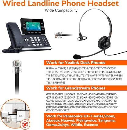 One Ear Wired Office Headset | Single Ear RJ9/RJ11 Call Center Telephone Headset | Noise-Cancelling Mic | Compatible with Landline/IP Phones - Yealink, Sangoma, Grandstream, Akuvox, Escene