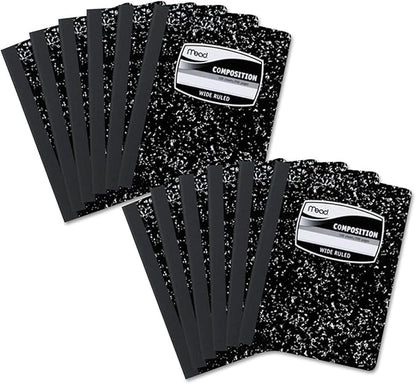 Mead Composition Notebooks, 12 Pack, Wide Ruled Paper, 9-3/4" x 7-1/2", 100 Sheets per Comp Book, Black Marble (72936)