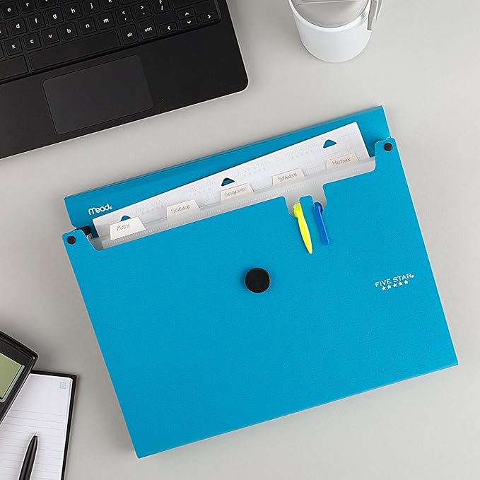 Five Star Expanding File Organizer, 6-Pocket Accordian File Organizer, Bungee Closure, Holds 11" x 8-1/2", Tidewater Blue (350100C-ECM)