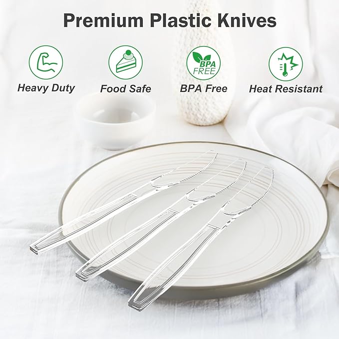 360 Count Extra Heavy Duty Clear Plastic Knives Disposable, BPA-Free, Heat Resistant, Solid and Durable Disposable Knives Bulk, Premium Plastic Knives heavy duty for Party Supply