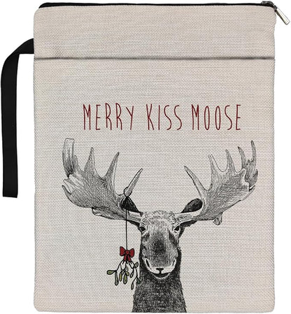 Christmas Book Sleeve,Merry Kiss Moose Christmas Xmas Book Sleeve Book Covers Book Protector Pouch with Zipper,Book Sleeve Gifts for Book Lovers Readers,Book Cover for Paperback 9.4x12.1 Inch