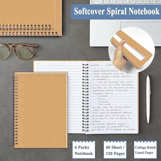 GINMLYDA 6Pack Small Spiral Notebook A5, 8.25x5.5” 120 Lined Pages Wide Ruled Spiral Journal Bulk Blank Kraft Cover Spiral Bound Notebook & Writing Pads for Home Office Meeting Work Note Taking