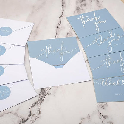 100 Bulk Light blue Thank You Cards with white Envelopes and stickers - 4 Minimalistic Designs Blank Thank You Notes with Envelopes for business Wedding Bridal Gift Baby Shower Business Graduation