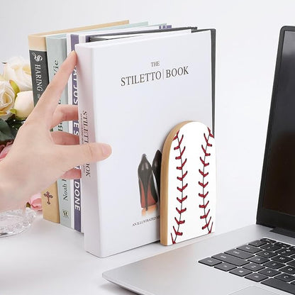 2 Pack Wood Bookends, Sport Baseball Stitches Non-Skid Book Ends for Heave Books, Decorative Bookends for Shelves Desk, Book Stoppers Book Holders for Home Office Library School