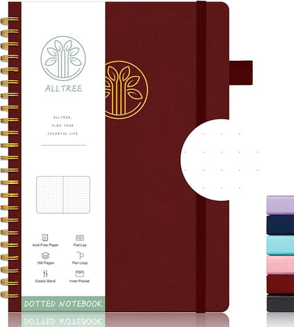 Alltree Spiral Dot Grid Notebook Journal, Dotted Paper Notebook for Work, Medium A5, Spiral Notebook with Pen Loop, Pocket, 160 Pages, Journal for Women, Burgundy(6"x8.5")