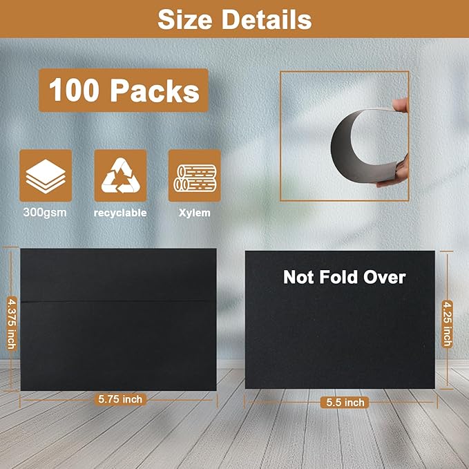 100 Packs Black Note Cards and Envelopes 4.25 x 5.5 Heavyweight Flat Cardstock and A2 Envelopes Printable Self Seal for DIY Greeting Cards, Wedding Invitations, Graduations