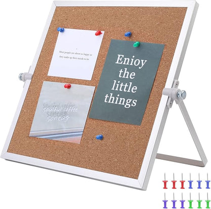 9.8"×9.8" Cork Board Bulletin Board, Double Sided Pin Board with Silver Aluminum Border, Desktop Small Cork Board with Stand Suitable for Home, Office, Desk Message Board or Picture Board