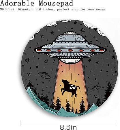 Gctriki Small Round Mouse Pad for Desk, Stitched Edge Non-Slip Rubber Base, Funny UFO Cow Mousepad for Laptop Computer Gaming, Cute Home Office Decor Desk Accessories Supplies, 8.6 x 8.6 Inch