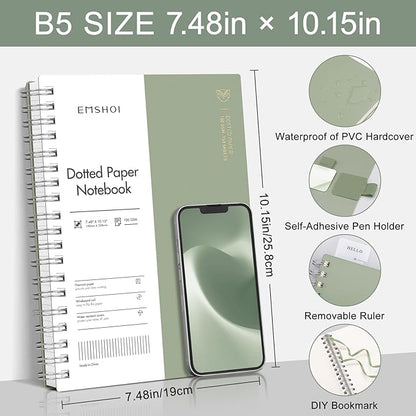 EMSHOI Spiral Notebook B5 Bullet Dotted Journal, Dotted Grid Notebook with 300 Pages, 100gsm Thick Paper, 7.48" × 10.15", Waterproof Softcover Notebook for School Work Writing - Light Green
