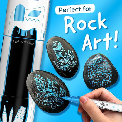 5 Metallic Acrylic Blue Paint Pen - Extra Fine Tip, Thin & Jumbo (1mm, 3mm, 6mm, 10mm, 15mm) - Blue Paint Markers for Metal, Fabric, Plastic, Canvas, Wood, Rock Painting, Glass, Permanent Marker