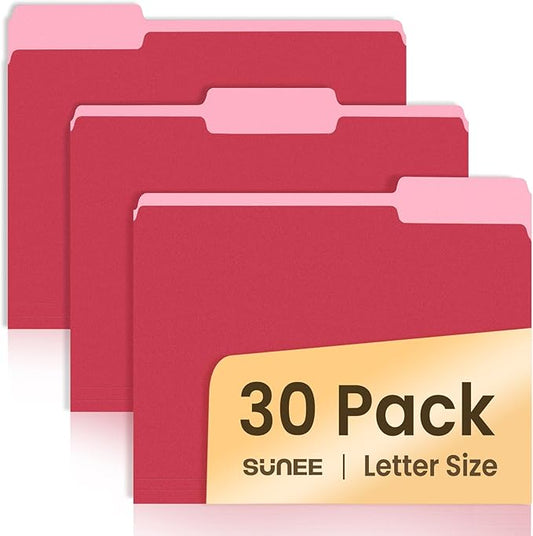 SUNEE File Folders, 30 Pack Manilla Folders 8.5 x 11, Colored File Folders Home Office School Supplies for Documents Files Paper, Red