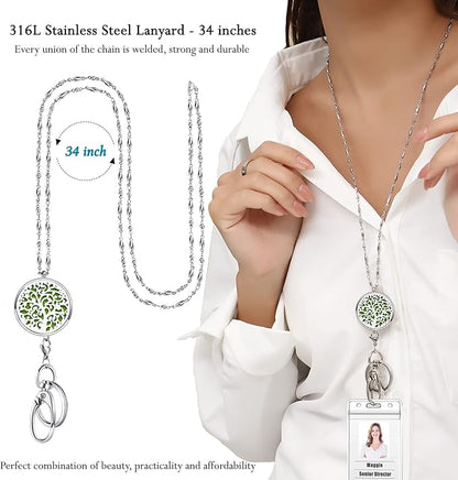 Lanyards for ID Badges and Keys, ID Badge Holder with Lanyard Stainless Steel Keychain Diffuser Necklace Lanyard Badge Lanyards for Women Teacher Nurse Student Office Work Jewelry Family Tree