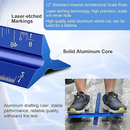 Architectural Scale Ruler, 12'' Imperial Architect Scale, Engineer Scale Ruler for Blueprints, Aluminum Triangle Drafting Ruler (Blue)
