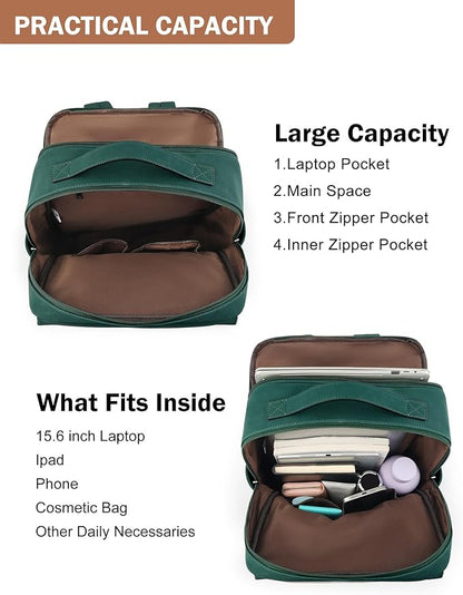 MASINTOR 15.6 inch PU Leather Laptop Backpack Purse for Women, Large College Casual Backpack Travel Bag Retro Green