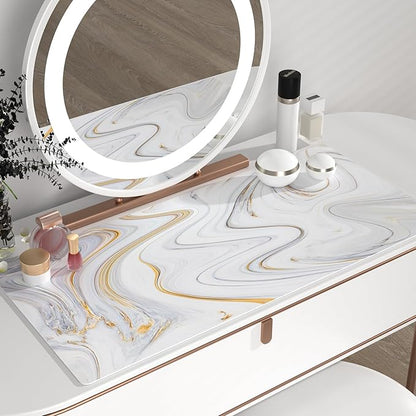 QIYI Large Mouse Pad, Cute Marble White Desk Mat, PU Leather Desk Protector Mousepad, Gold Grey Striped Waterproof Computer Keyboard Gaming Mouse Pads, Non Slip Extended Writing Pad 31.5" x 15.7"