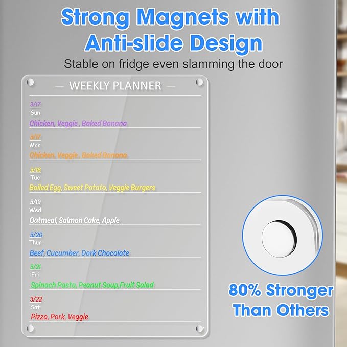 Acrylic Weekly Planner Board Meal Planner Magnetic Menu Board for Kitchen Fridge w/ 8 Markers, Clear Weekly Calendar Planning Dry Erase Board Noteboard to Do Grocery Shopping List, 12x9’’