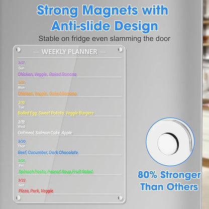 Acrylic Weekly Planner Board Meal Planner Magnetic Menu Board for Kitchen Fridge w/ 8 Markers, Clear Weekly Calendar Planning Dry Erase Board Noteboard to Do Grocery Shopping List, 12x9’’