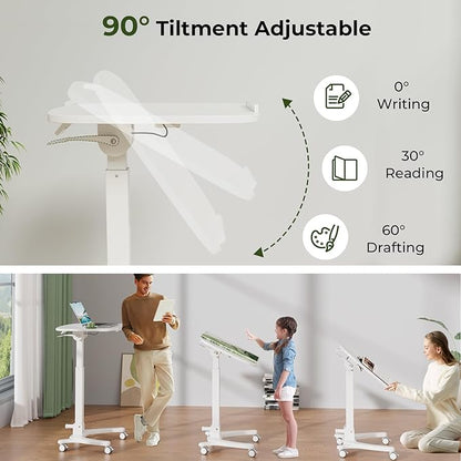 Foldable Mobile Standing Desk, 27"×21" Portable Rolling Laptop Desk with 90° Tiltable Board, Height Adjustable Mobile Desk Workstation with Wheels, Folding Desk for Home Office, White