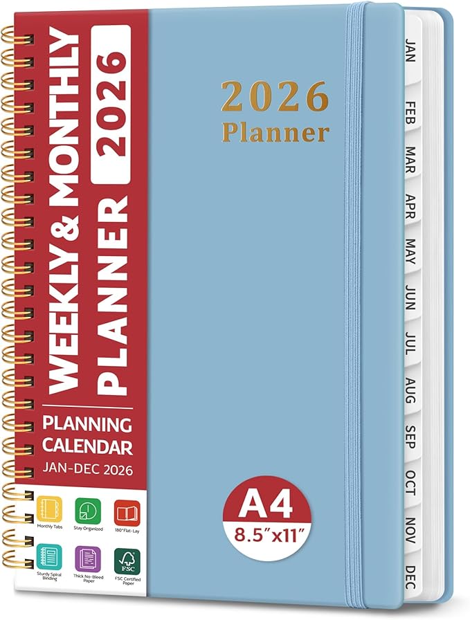 2026 Planner, Weekly and Monthly Calendar Planner, January 2026 - December 2026, Hardcover 2026 Calendar Planner Book with Tabs For Women & Men, Inner Pocket, Spiral Bound, Perfect for Office Home School Supplies - A4 (8.5" x 11"), Blue