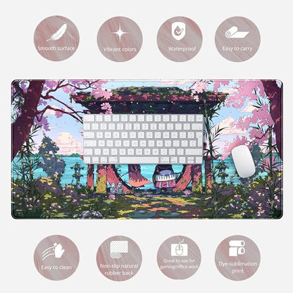 Pink Japan Desk Pad Anime Gaming Green Mouse Pad Large Mouse Pad For Desk Computer Pc Laptop Office Decor For Women, Anime Mouse Keyboard Pad Stitched Edges Non-Slip Rubber Mat Desk Pad (31.5x15.7 In)