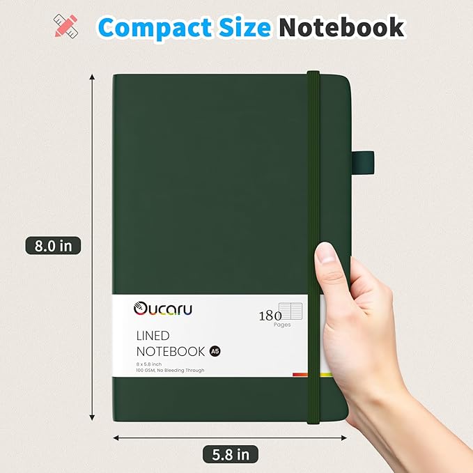 Lined Journal Notebook, 2 Pack, 180 Pages, A5 Journals for Writing, 100 GSM Thick Paper, Small Notebooks Daily Journal for Women Men Work, Business, School, Travel Supplies