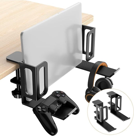Desk Side Storage,Adjustable Laptop Holder for Desk Side, Steel Hanging Desk Organizer,Clamp on Desk Side Storage Organizer for Laptops/MacBook/Keyboards/Headphone/Gamepad/Backpack(Black)