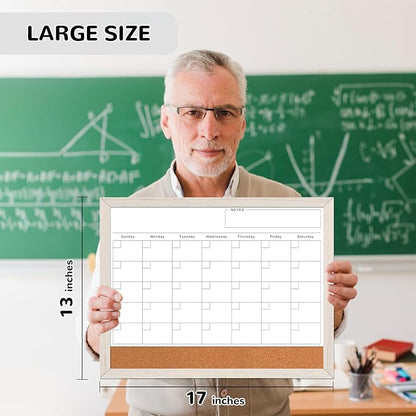 Monthly Whiteboard Calendar & Corkboard for Wall, Magnetic 17"x13" Dry Erase Board with White Wood Framed, 2in1 White Board Cork Board Combo, Calendar Bulletin Board for Kitchen Planner Memo Office