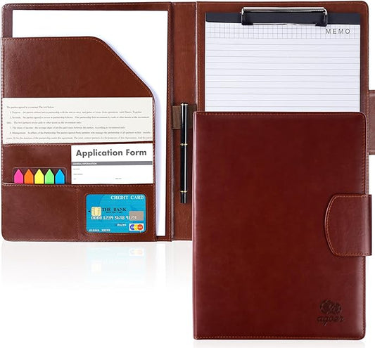 PU Leather Padfolio,A4 Leather Folder Binder Storage Clipboard with Magnetic Closure Cover,Business Resume Folder with Luxury Pen,Notepads,Sticky Tabs for Interview,Conference,Gift Portfolios (Brown)