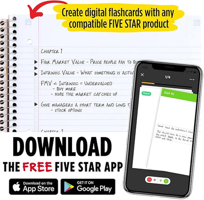 Five Star Spiral Notebook + Study App, 3 Subject, College Ruled Paper, Fights Ink Bleed, Water Resistant Cover, 8-1/2" x 11", 150 Sheets, Blue (73623)