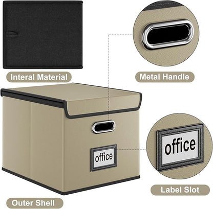 Huolewa Upgraded Portable Leather File Organizer Boxes with Lids, Office Document Boxes Organizer, Filing Boxes, Decorative Small File Boxes for Hanging Files with Plastic Slide for Office/Decor/Home
