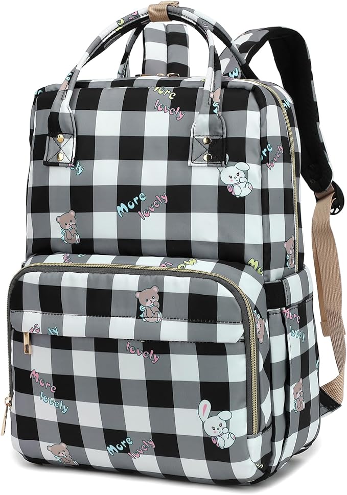 Checkered Laptop Backpack College Bookbag School Backpack for Women Girls, Travel Backpack 15.6 Inch Computer Backpacks (Bear Rabbit Black)