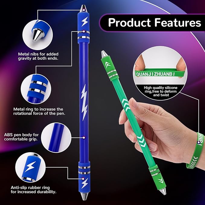 2 Colors Pen Spinning with Silicone Bracelet, Metal Heads Gaming Finger Pen, 8.5In Weighted Rotating Ballpoint Pen, Spinning Pen for Student Adults, No Pen Refill (Green,Blue)