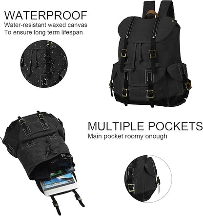 Backpack for Men Heavy Duty Waxed Canvas Vintage Women Trim Casual 15.6" laptop Travel Backpack-Black