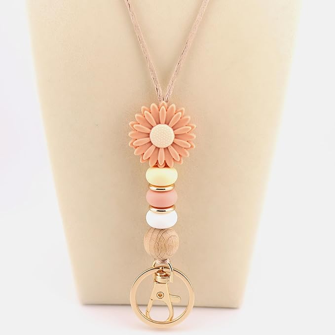 Flower Teacher Lanyards ID Badge and Key Chain, Cute Silicone Beads Lanyard for Women Nurse Work Student (Rose)