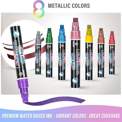 Window Chalk Markers Washable, Metallic 8 Colors Jumbo Chalk Marker Car Glass Erasable, Liquid Chalk Pens with 10mm Thick Tips for Chalkboard, Windows, Glass, Mirror, Auto, Poster, Bistro, Cars of DIY