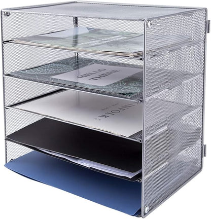 EASEPRES 5 Slot Mesh Desk Organizer Tray, File Paper Letter Folder Holder Desktop Paper Sorter Mail Organization Rack Storage Accessories, for Office Home School Classroom, Silver