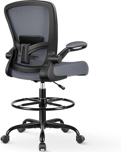 FelixKing Drafting Chair Ergonomic Tall Office Chair, Breathable Mesh Chair with Adjustable Footrest Ring Lumbar Support Flip-up Armrests, High Back Executive Comfy Task Computer Chair for Home Office