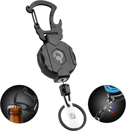 1 Pack Retractable Keychain Heavy Duty Carabiner Badge Holder with Magnetic Closure, Tactical ID Badge Reel for Men with 32” Steel Retractable Cord, Bearing 17 OZ
