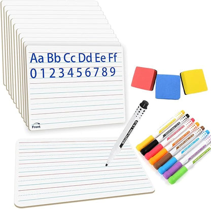 12PCS Dry Erase Boards,9"x12" Double Sided Small Whiteboards with Lines,Students,Education Teacher Classroom,Mini Portable Drawing Learning Lapboards with Colors Pens and Erasers.