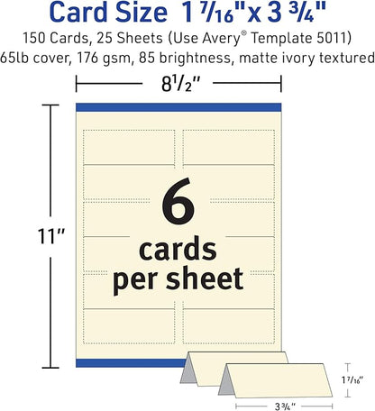 Avery Printable Place Cards with Sure Feed Technology, 1-7/16" x 3-3/4", Textured Ivory, 150 Blank Tent Cards for Laser or Inkjet Printers (5012)